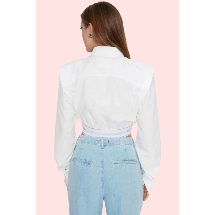 Kadın Crop Gömlek Basic Siluet Poplin Dokuma Düz Desenli Günlük Kullanım Dayanıklı Malzeme
