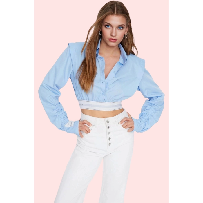Kadın Crop Gömlek Basic Siluet Poplin Dokuma Düz Desenli Günlük Kullanım Dayanıklı Malzeme