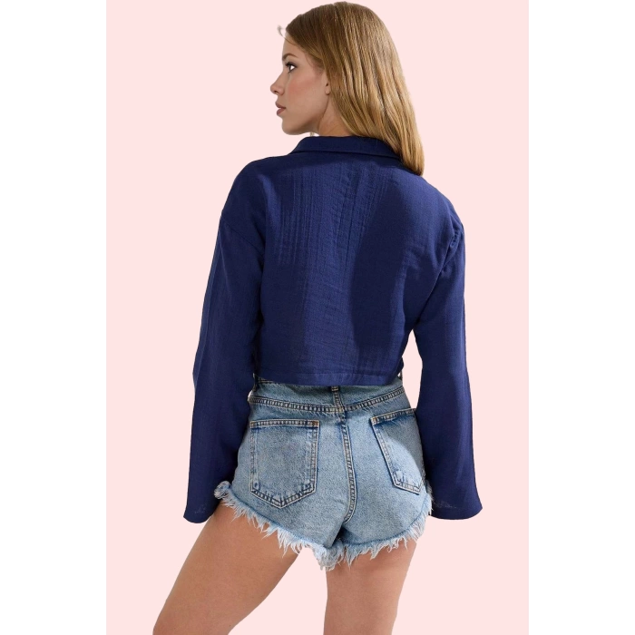 Kadın Crop Gömlek Pamuk Müslin Oversize Uzun Kollu Yaz Plaj Günlük Kullanım Modern Tasarım