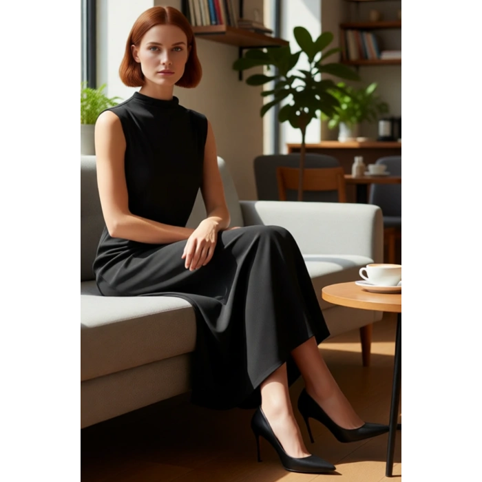 Kadın Dalgıç Örme Kumaş Dik Yaka Kolsuz Shift Maxi Elbise Zamansız Şıklık Ve Rahatlık Sağlar