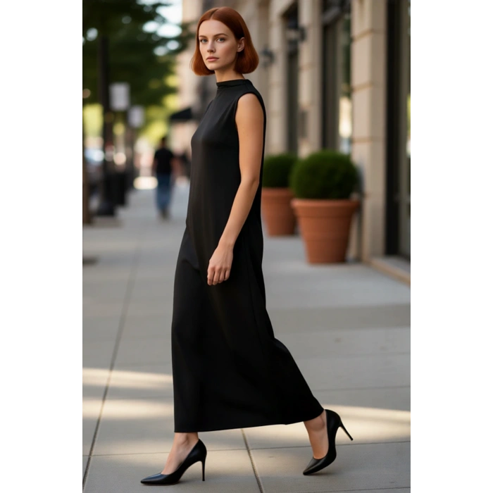 Kadın Dalgıç Örme Kumaş Dik Yaka Kolsuz Shift Maxi Elbise Zamansız Şıklık Ve Rahatlık Sağlar