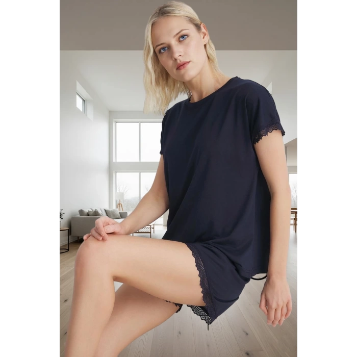 Kadın Dantel Detaylı Örme Pijama Takımı Yazlık Rahat Homewear Uzun Ömürlü Premium Kalite