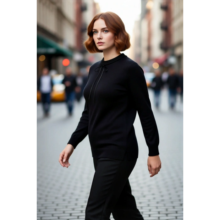 Kadın Dantel Yakalı Kurdele Fiyonk Detaylı Siyah Regular Akrilik Triko Kazak Şık Günlük Stile Uygun