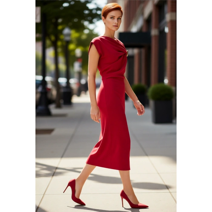 Kadın Degaje Yaka Aksesuar Detaylı Midi Elbise Shift Kalıp Dokuma Kumaşıyla Şık ve Modern Seçim