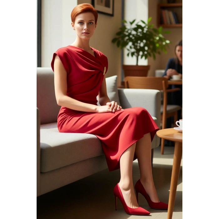 Kadın Degaje Yaka Aksesuar Detaylı Midi Elbise Shift Kalıp Dokuma Kumaşıyla Şık ve Modern Seçim