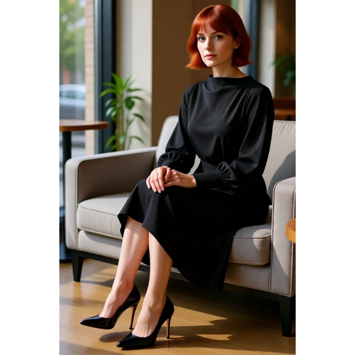 Kadın Degaje Yaka Balon Kol A Kesim Astarlı Krep Midi Elbise Zarif Şık Kışlık Gündüz Gece Stil