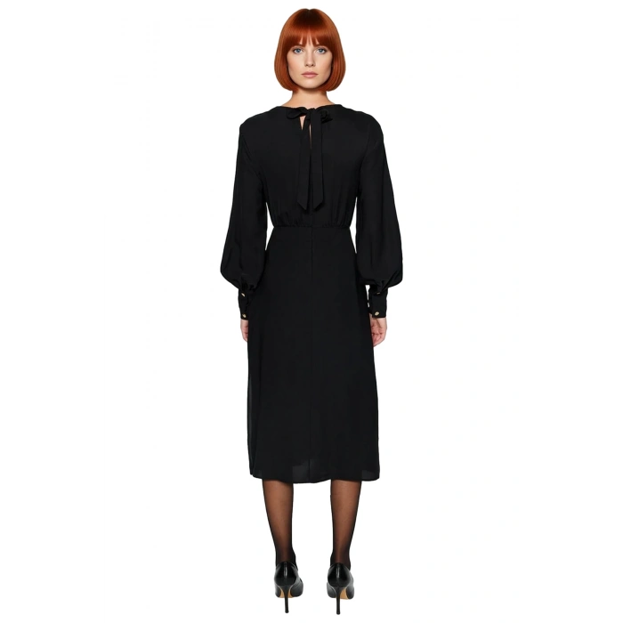 Kadın Degaje Yaka Balon Kol A Kesim Astarlı Krep Midi Elbise Zarif Şık Kışlık Gündüz Gece Stil