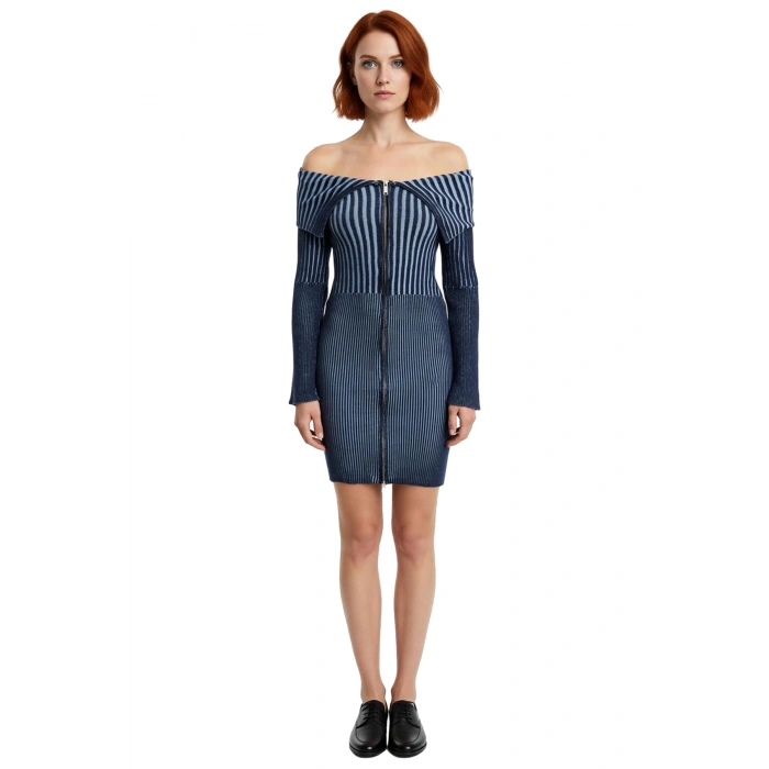 Kadın Degrade Çizgili İnce Triko Bodycon Mini Elbise Omuz Detaylı Uzun Kollu Şık Tasarım Kaliteli