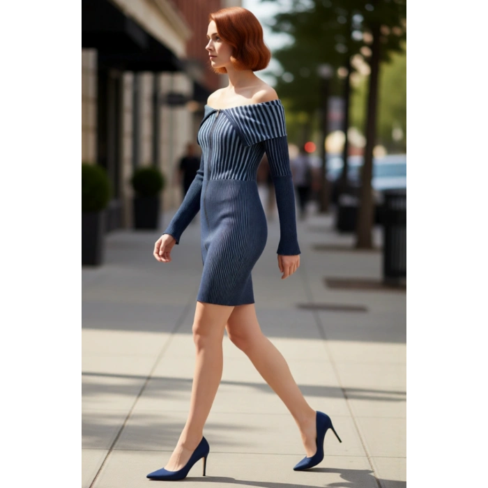 Kadın Degrade Çizgili İnce Triko Bodycon Mini Elbise Omuz Detaylı Uzun Kollu Şık Tasarım Kaliteli