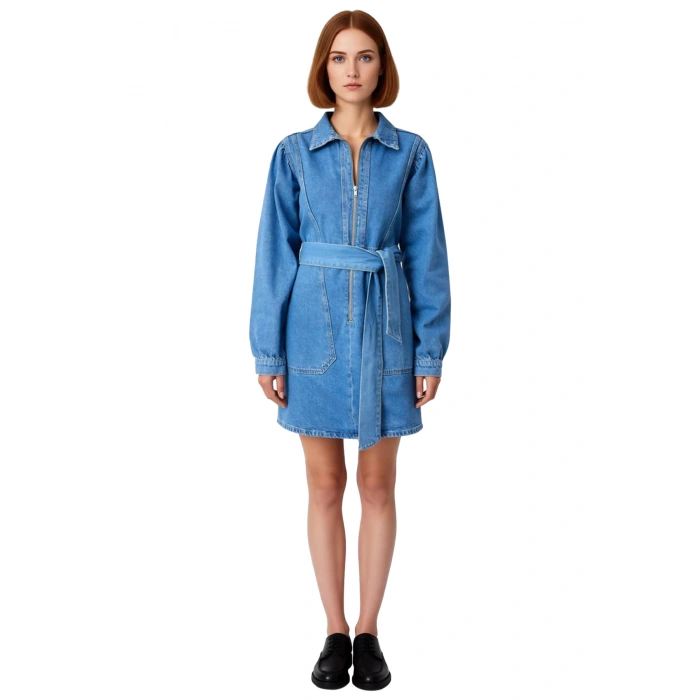 Kadın Denim Ceket Elbise Kuşak Detaylı Fermuarlı Gömlek Yaka Balon Kol Mini Boy Modern Tasarım