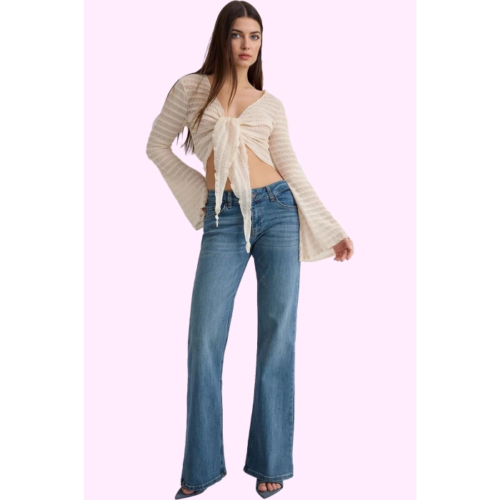 Kadın Denim Flare Jean Düşük Bel İspanyol Paça Rahat Günlük Hafta Sonu Yaz Aylarının Vazgeçilmezi