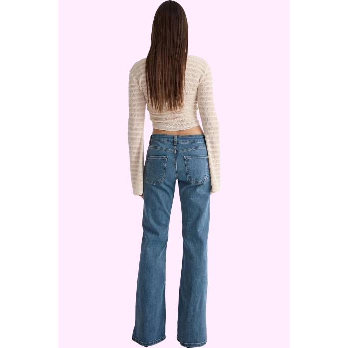 Kadın Denim Flare Jean Düşük Bel İspanyol Paça Rahat Günlük Hafta Sonu Yaz Aylarının Vazgeçilmezi