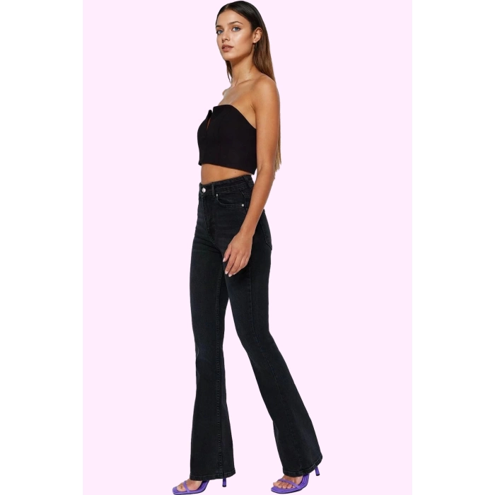 Kadın Denim Flare Jean Yüksek Bel İspanyol Paça Günlük Hafta Sonu Yaz Aylarının Vazgeçilmezi
