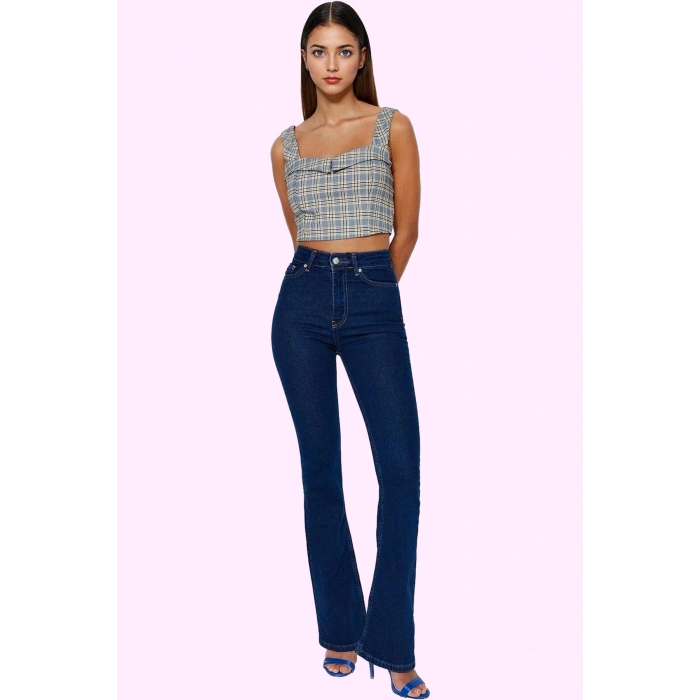 Kadın Denim Flare Jean Yüksek Bel İspanyol Paça Günlük Hafta Sonu Yaz Aylarının Vazgeçilmezi