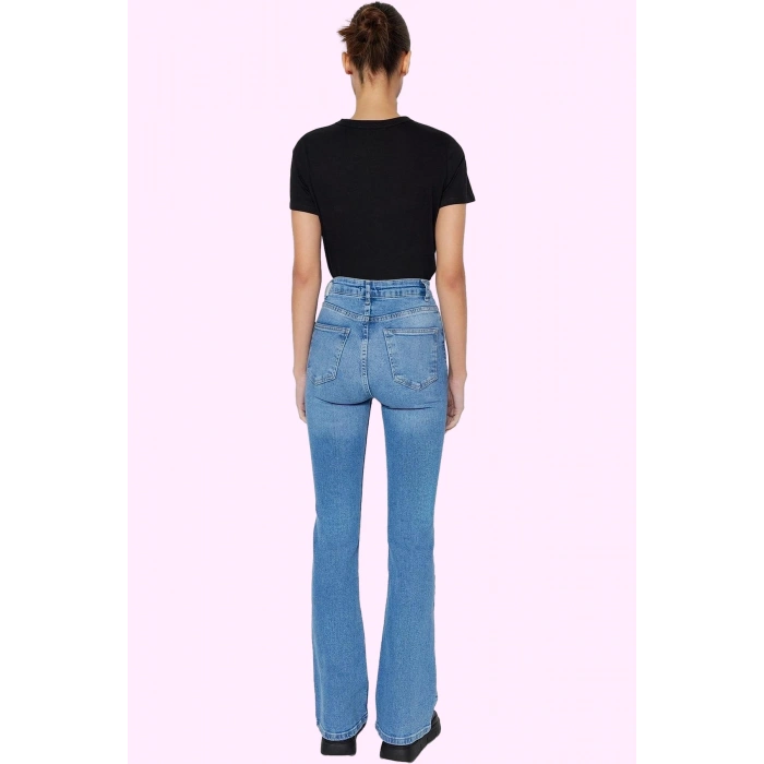 Kadın Denim Flare Jean Yüksek Bel İspanyol Paça Günlük Hafta Sonu Yaz Aylarının Vazgeçilmezi