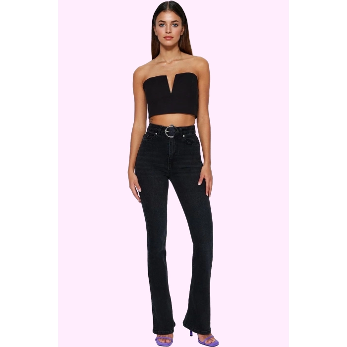 Kadın Denim Flare Jean Yüksek Bel İspanyol Paça Günlük Hafta Sonu Yaz Aylarının Vazgeçilmezi