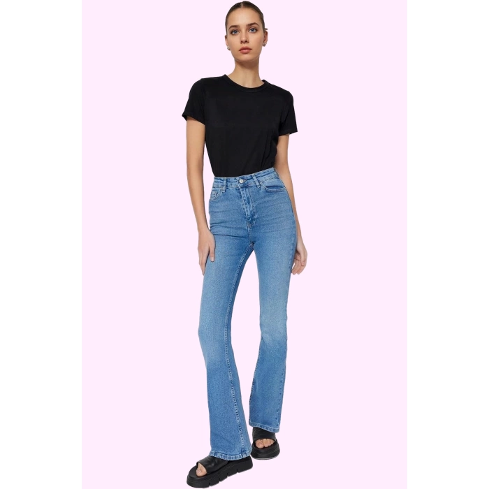 Kadın Denim Flare Jean Yüksek Bel İspanyol Paça Günlük Hafta Sonu Yaz Aylarının Vazgeçilmezi