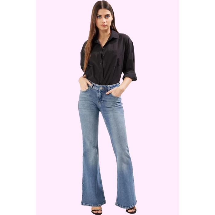 Kadın Denim Flare Pantolon Düşük Bel İspanyol Paça Günlük Hafta Sonu Yaz Aylarının Vazgeçilmezi
