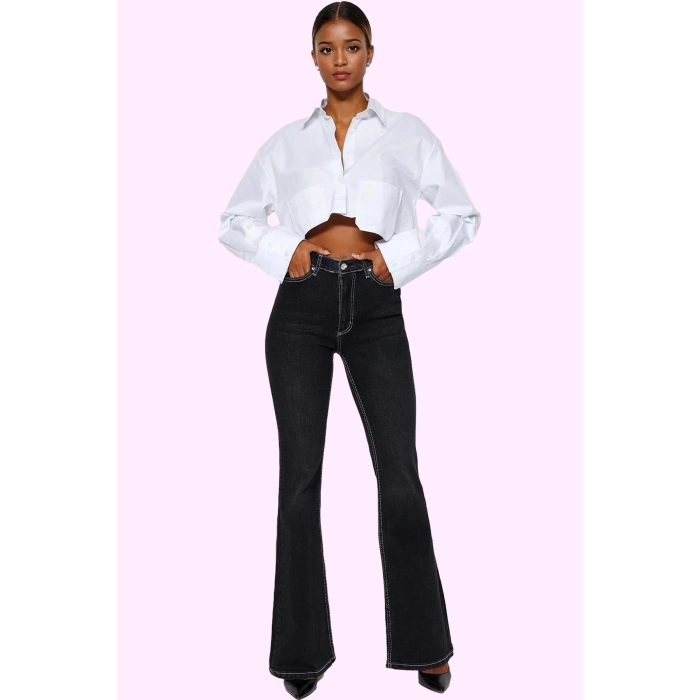 Kadın Denim Flare Pantolon Yüksek Bel Pamuk Rahat Günlük Hafta Sonu Yaz Aylarının Vazgeçilmezi