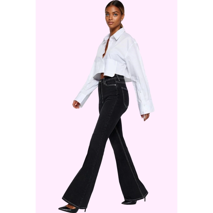 Kadın Denim Flare Pantolon Yüksek Bel Pamuk Rahat Günlük Hafta Sonu Yaz Aylarının Vazgeçilmezi
