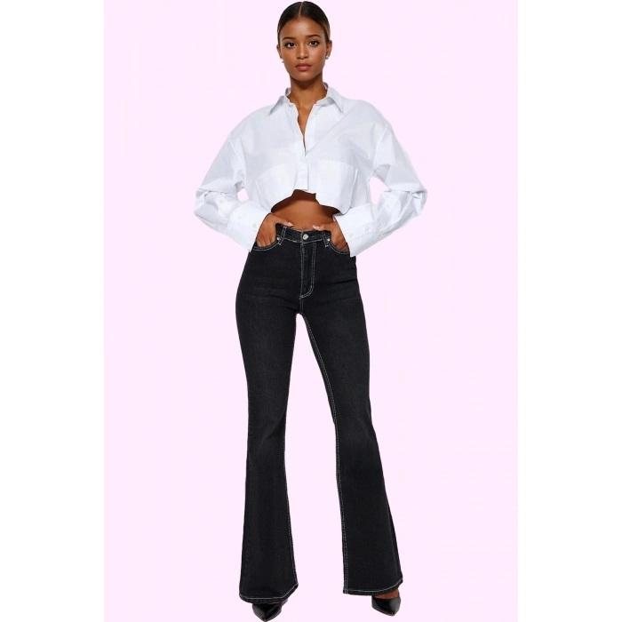 Kadın Denim Flare Pantolon Yüksek Bel Pamuk Rahat Günlük Hafta Sonu Yaz Aylarının Vazgeçilmezi