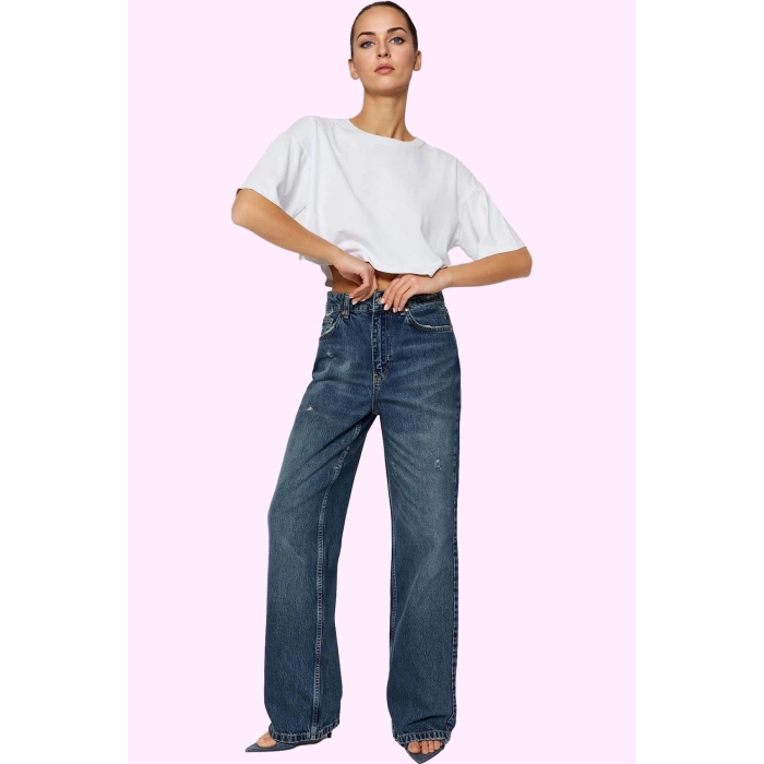 Kadın Denim Geniş Paça Jean Yüksek Bel Pamuk Günlük Stil Hafta Sonu Yaz Aylarının Vazgeçilmezi