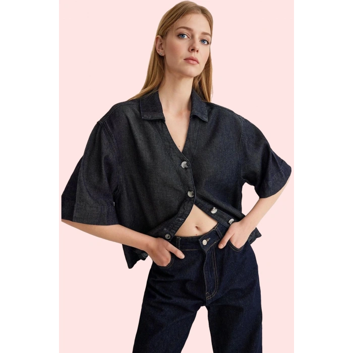 Kadın Denim Gömlek V Yaka Pamuk Regular Boy Günlük Stil Hafta Sonu Yaz Aylarının Vazgeçilmezi