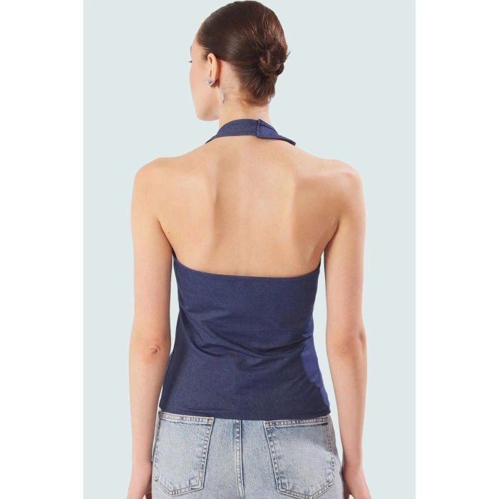 Kadın Denim Görünümlü Fitted Bluz Boyundan Bağlamalı Yazlık Casual Günlük Kullanım İçin