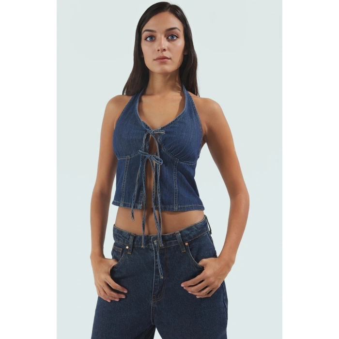 Kadın Denim Halter Yaka Crop Bluz Fitted Kalıp Günlük Yaz Profesyonel Görünüm Kullanım İçin