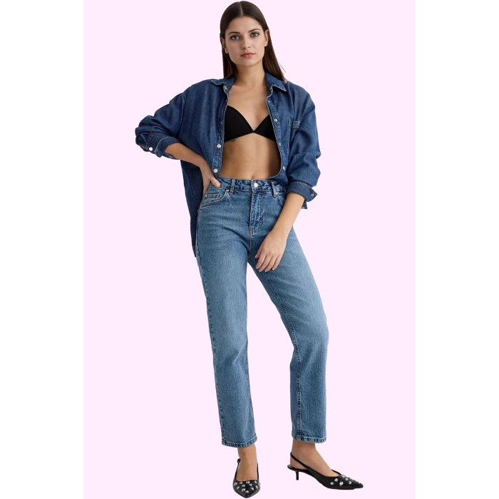 Kadın Denim Jean Pantolon Düz Desen Yüksek Bel Günlük Kombin Hafta Sonu Yaz Aylarının Vazgeçilmezi