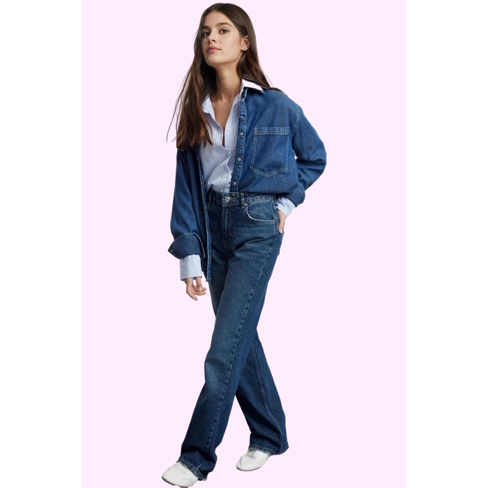 Kadın Denim Jean Pantolon Pamuk Yüksek Bel Geniş Paça Rigid Dokuma Günlük Ve Şık Hafta Sonu