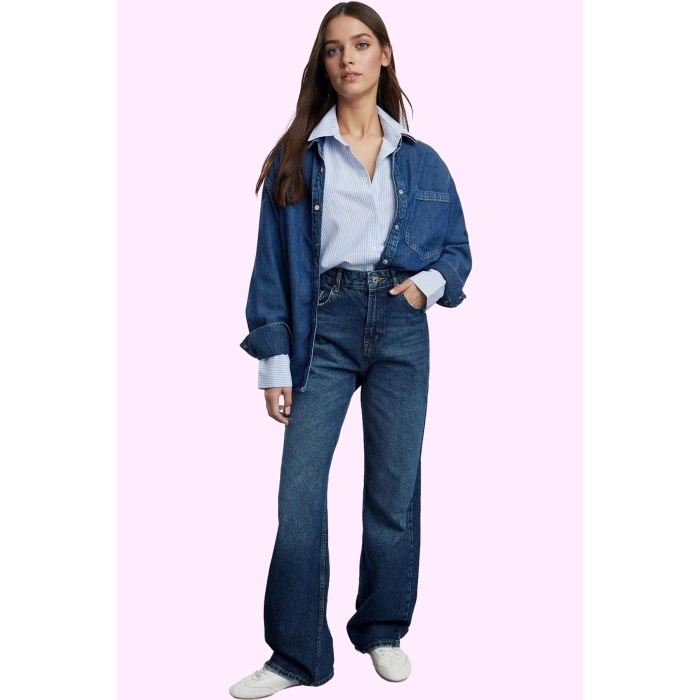 Kadın Denim Jean Pantolon Pamuk Yüksek Bel Geniş Paça Rigid Dokuma Günlük Ve Şık Hafta Sonu