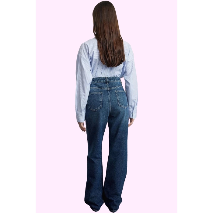 Kadın Denim Jean Pantolon Pamuk Yüksek Bel Geniş Paça Rigid Dokuma Günlük Ve Şık Hafta Sonu