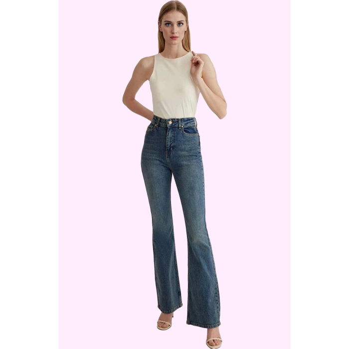Kadın Denim Jean Yüksek Bel Flare Günlük Kullanım İçin Hafta Sonu Yaz Aylarının Vazgeçilmezi