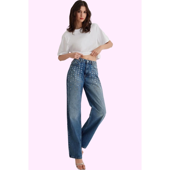 Kadın Denim Kuşgözü Detaylı Pamuk Wide Leg Jean Günlük Ve İş Hayatına Uygun Modern Tasarım