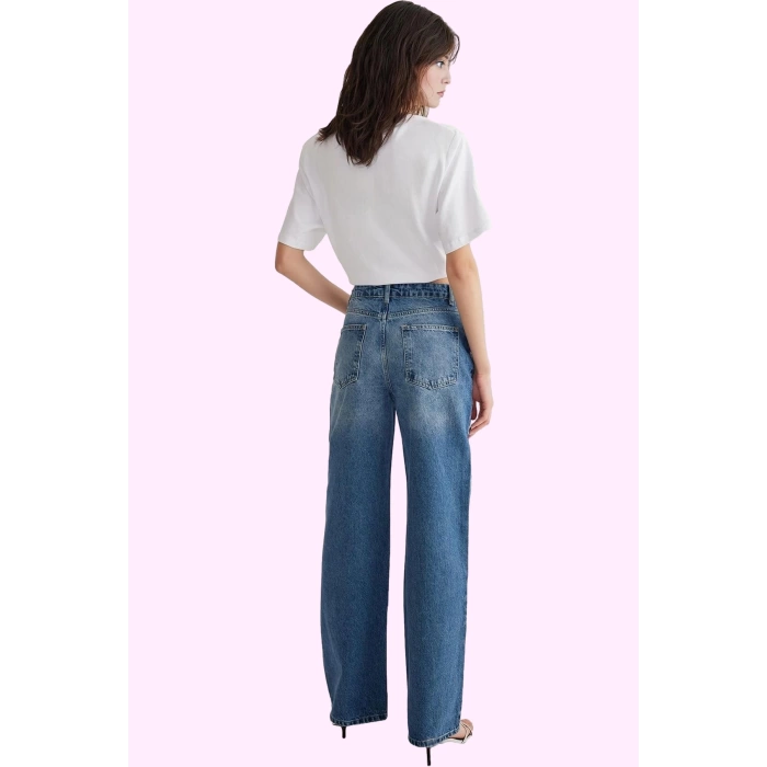 Kadın Denim Kuşgözü Detaylı Pamuk Wide Leg Jean Günlük Ve İş Hayatına Uygun Modern Tasarım