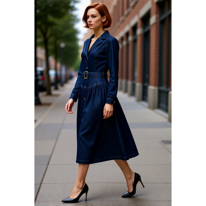 Kadın Denim Maxi Elbise Kemer Tokalı Ceket Yaka Uzun Standart Kol %100 Pamuk Astarsız Kaliteli