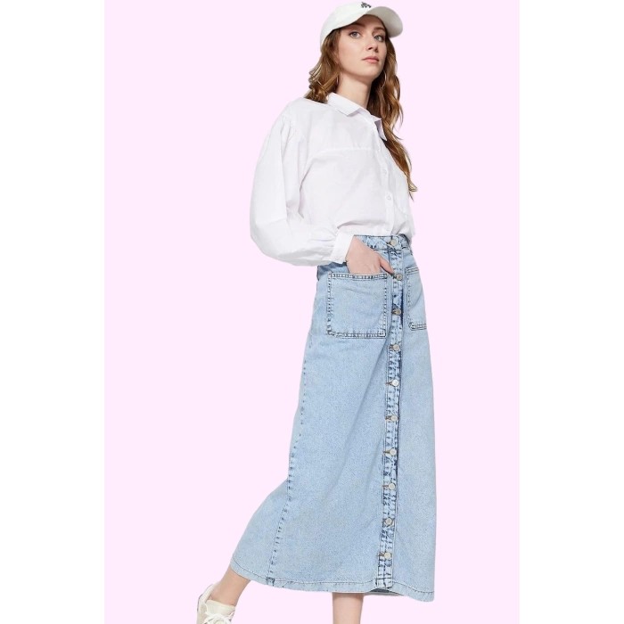 Kadın Denim Maxi Etek Yüksek Bel Kemerli Pamuk Günlük Kombinler Yaz Aylarının Vazgeçilmezi