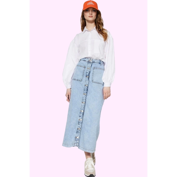 Kadın Denim Maxi Etek Yüksek Bel Kemerli Pamuk Günlük Kombinler Yaz Aylarının Vazgeçilmezi