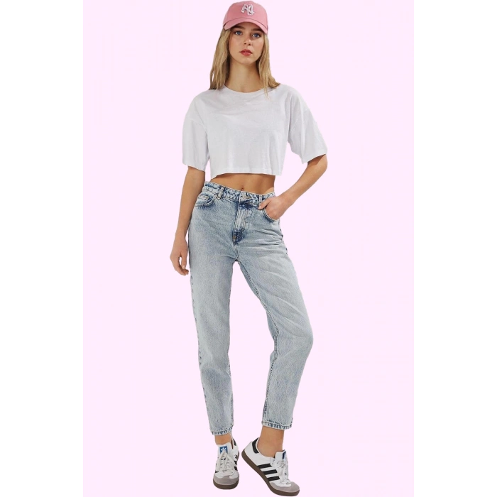 Kadın Denim Mom Jean Pantolon Yüksek Bel Dar Paça Günlük Kullanım Yaz Aylarının Vazgeçilmezi