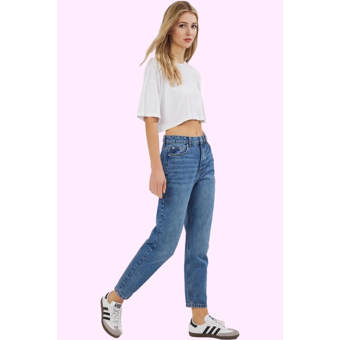 Kadın Denim Mom Jean Pantolon Yüksek Bel Dar Paça Günlük Kullanım Yaz Aylarının Vazgeçilmezi