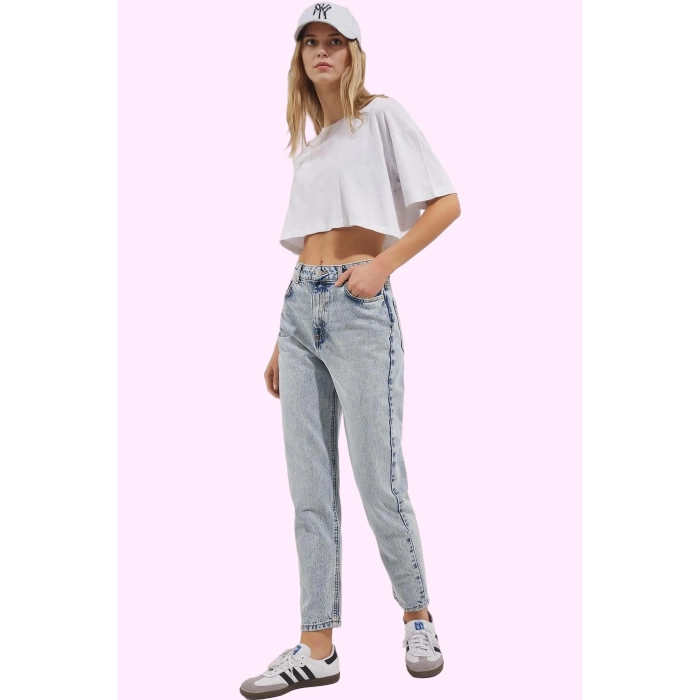 Kadın Denim Mom Jean Pantolon Yüksek Bel Dar Paça Günlük Kullanım Yaz Aylarının Vazgeçilmezi