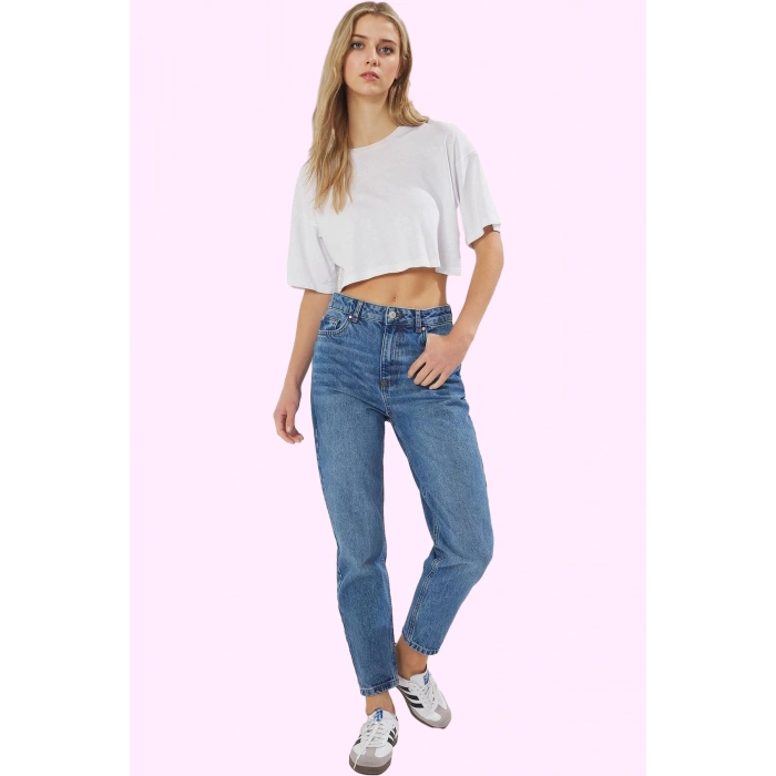 Kadın Denim Mom Jean Pantolon Yüksek Bel Dar Paça Günlük Kullanım Yaz Aylarının Vazgeçilmezi