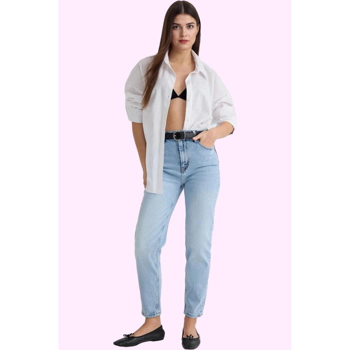 Kadın Denim Mom Jean Pantolon Yüksek Bel Düz Desen Günlük Stil Hafta Sonu Kaliteli Malzeme