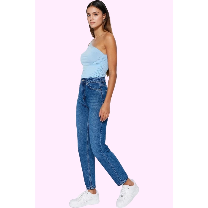 Kadın Denim Mom Jean Pantolon Yüksek Bel Geniş Paça Pamuk Günlük Kullanım Kaliteli Malzeme