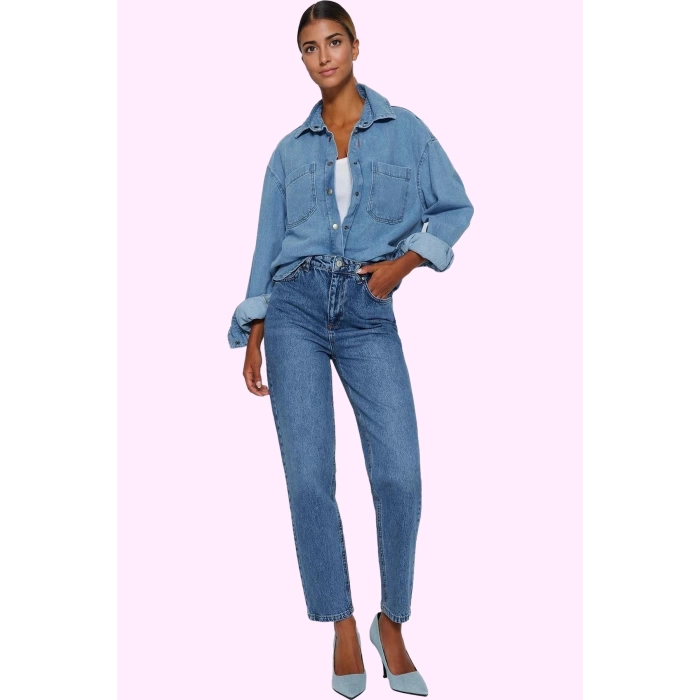 Kadın Denim Mom Jean Pantolon Yüksek Bel Pamuk Günlük Hafta Sonu Yaz Aylarının Vazgeçilmezi