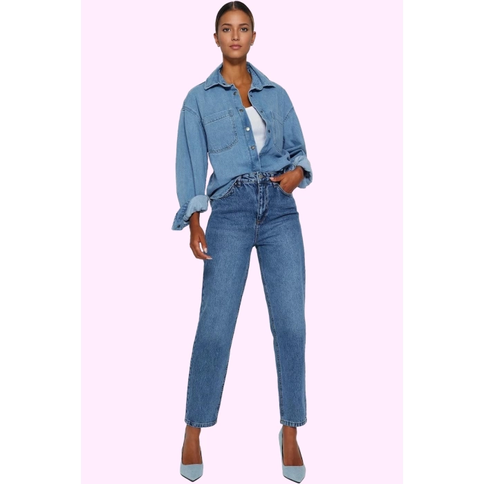 Kadın Denim Mom Jean Pantolon Yüksek Bel Pamuk Günlük Hafta Sonu Yaz Aylarının Vazgeçilmezi