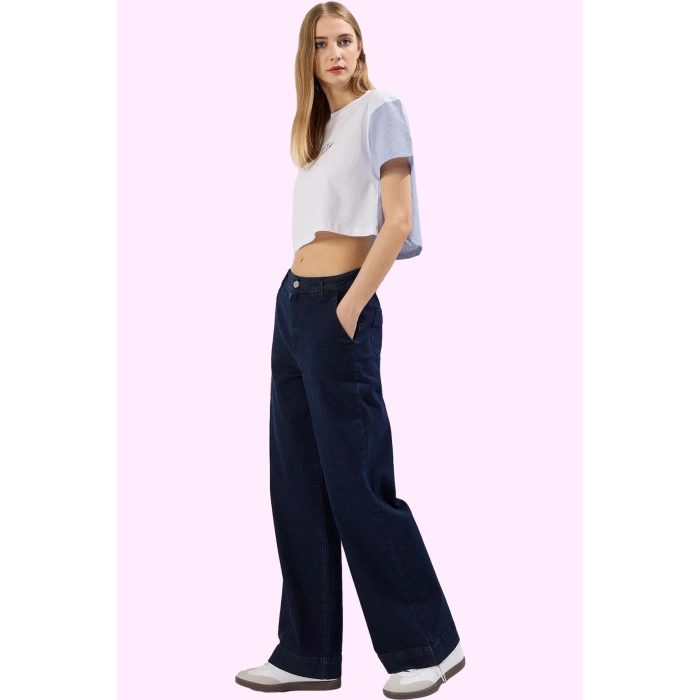 Kadın Denim Pantolon Geniş Paça Yüksek Bel Rahat Kalıp Yaz Günlük Kullanım Kaliteli Malzeme