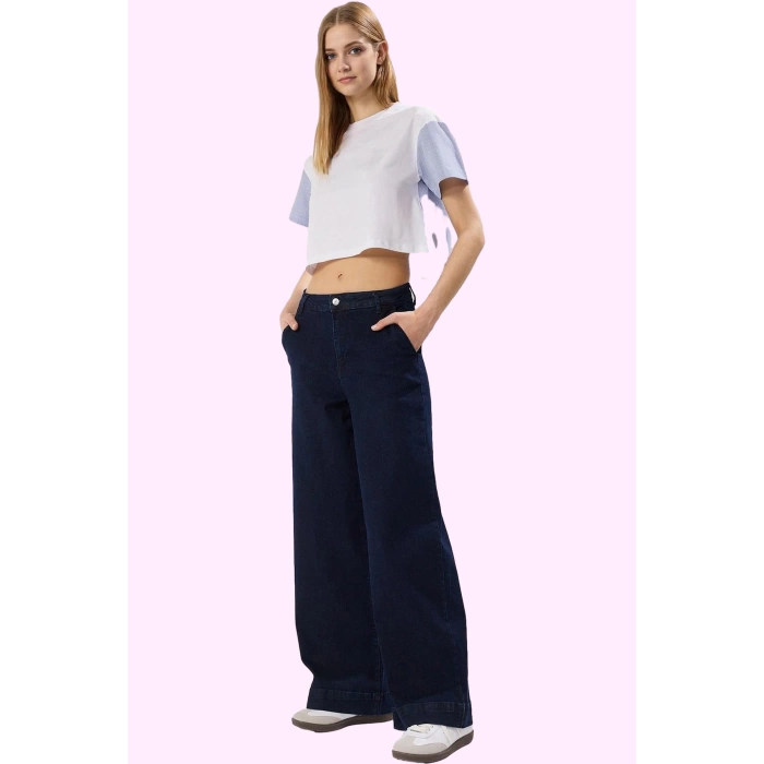 Kadın Denim Pantolon Geniş Paça Yüksek Bel Rahat Kalıp Yaz Günlük Kullanım Kaliteli Malzeme