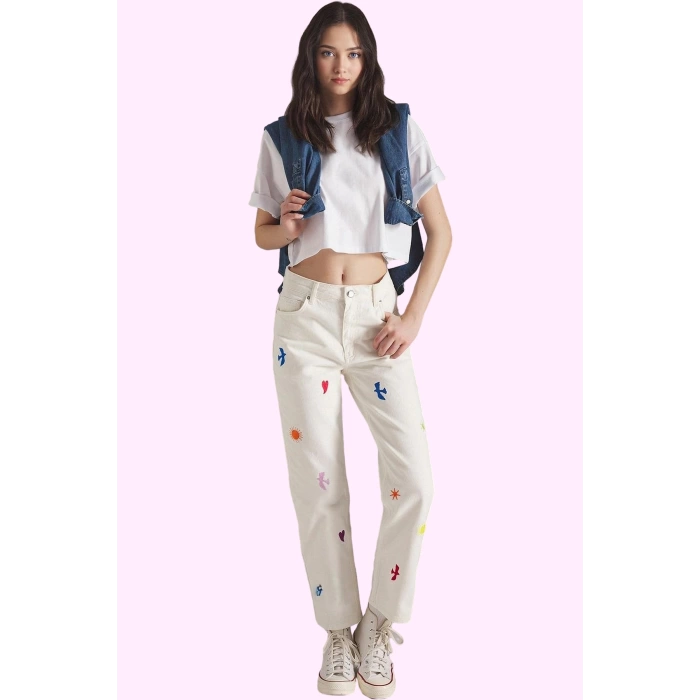 Kadın Denim Pantolon Renk Pamuk Yüksek Bel Straight Kesim Yaz Günlük Kullanım Modern Tasarım